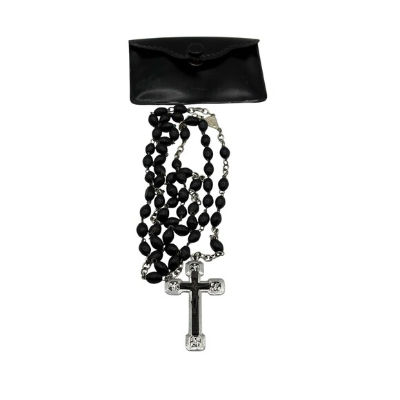 Vintage Black Beaded Rosary Silver Tone 22” Cross Christian Religious Catholic - Picture 1 of 7